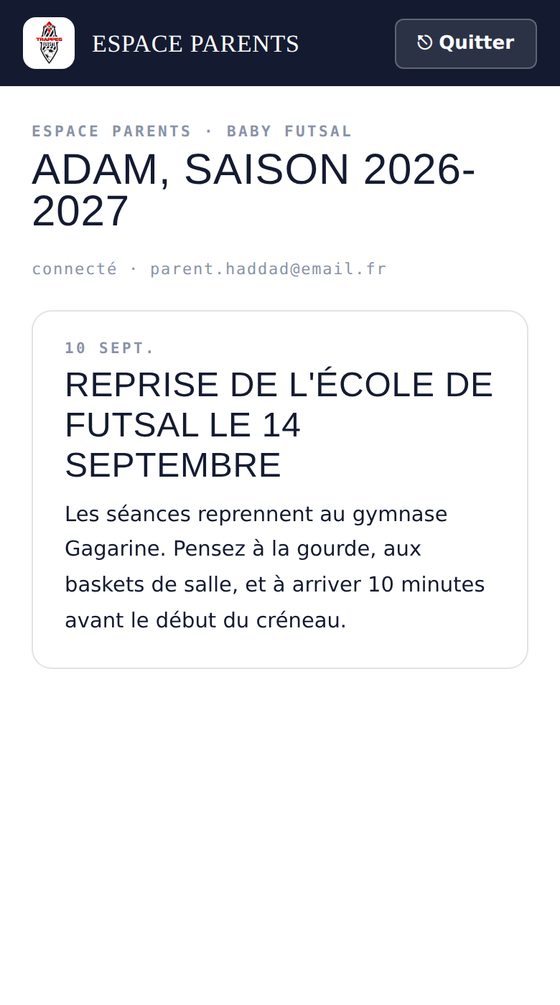 Actualités du club dans l'espace parents